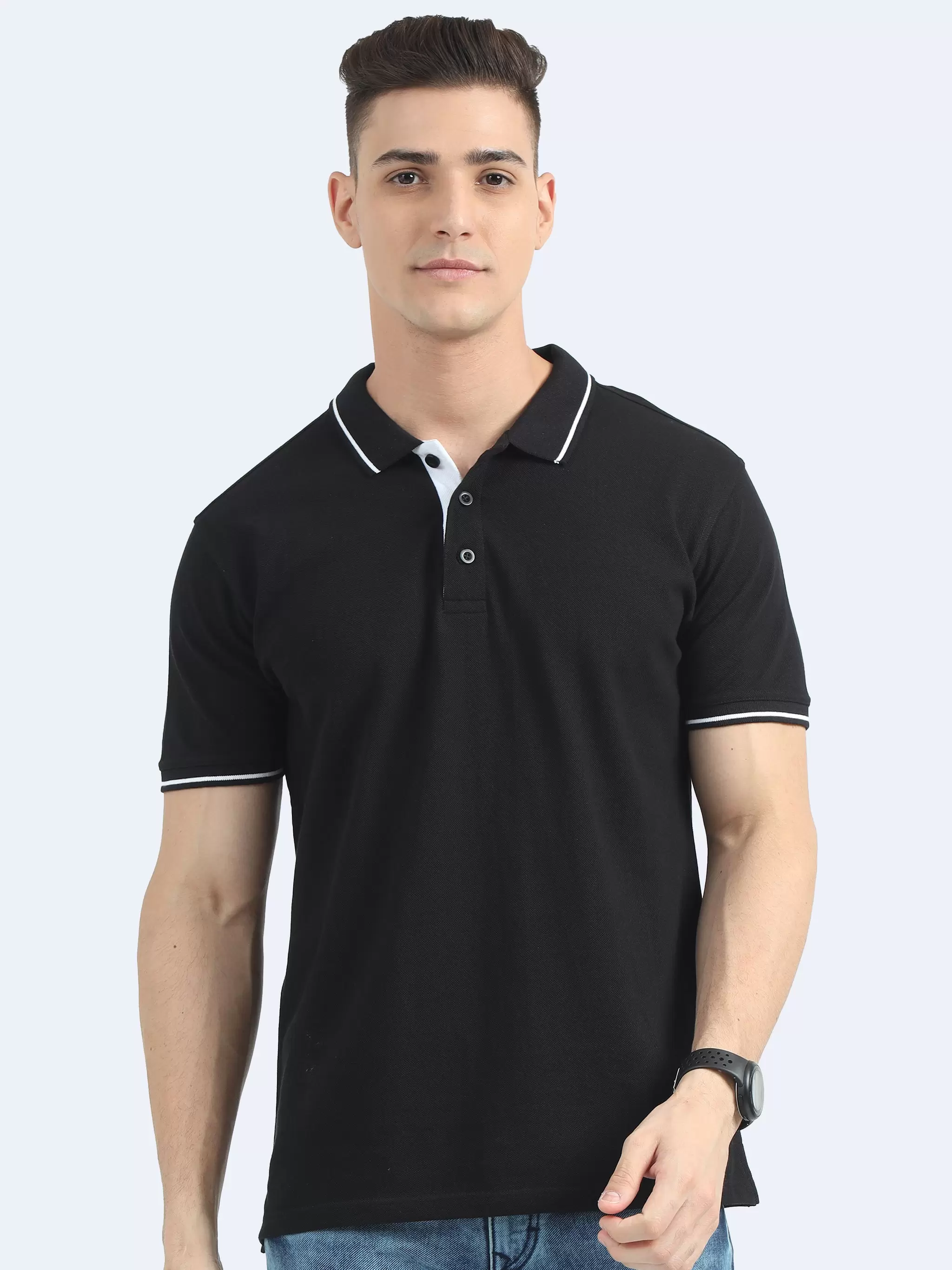 Polo T-Shirt Biowashed Organic 100% Premium Cotton Material for all-Day Comfort, Men Regular Fit - Black with White Tipping T-Shirt